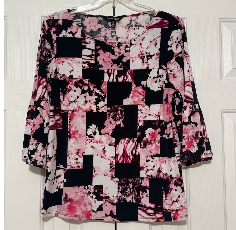 Ellen Tracy Pink and  Dark Navy Floral Print Tunic Blouse, Size L